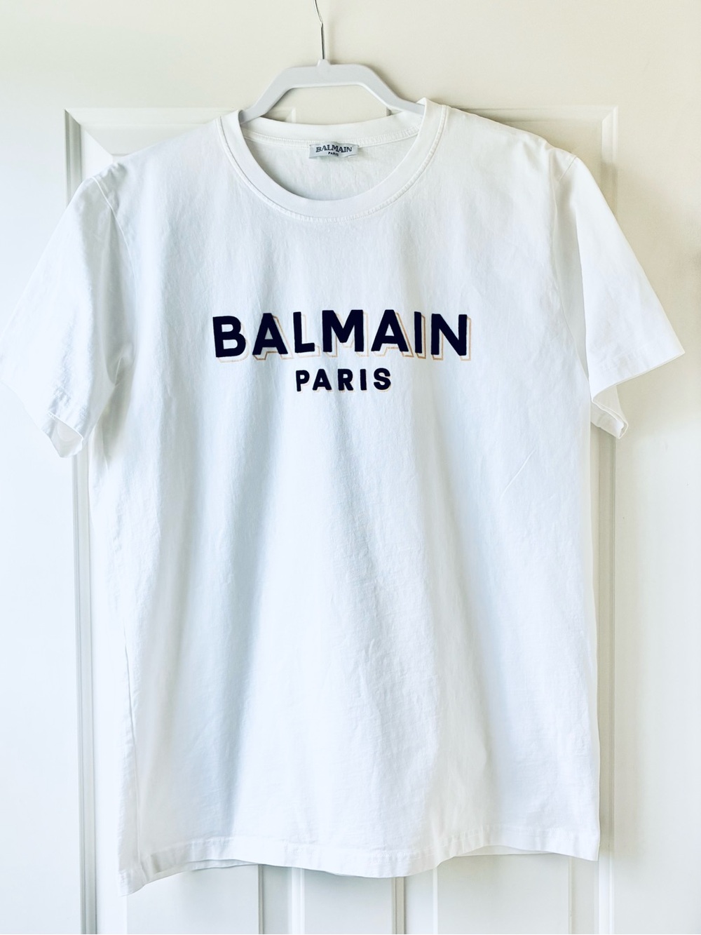 Balmain Paris Cotton T-Shirt with Balmain Paris Print Short Sleeve White Size L